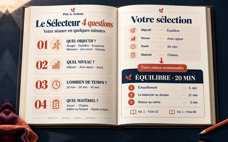 Double page du guide Sélecteur : index par objectif, niveau, durée et matériel avec renvois cliquables