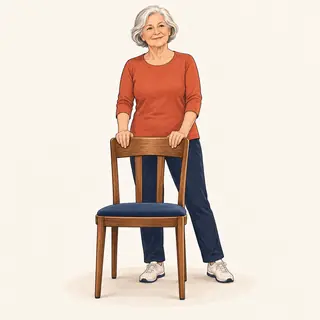 Illustration : personne âgée debout derrière une chaise, mains sur le dossier, transférant son poids d'un pied à l'autre