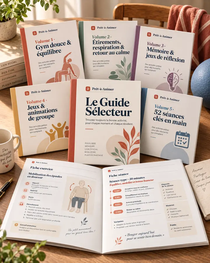 Les 5 volumes Prêt-à-Animer imprimés, fiches d'ateliers et séances clés en main posés sur une table de salle d'animation