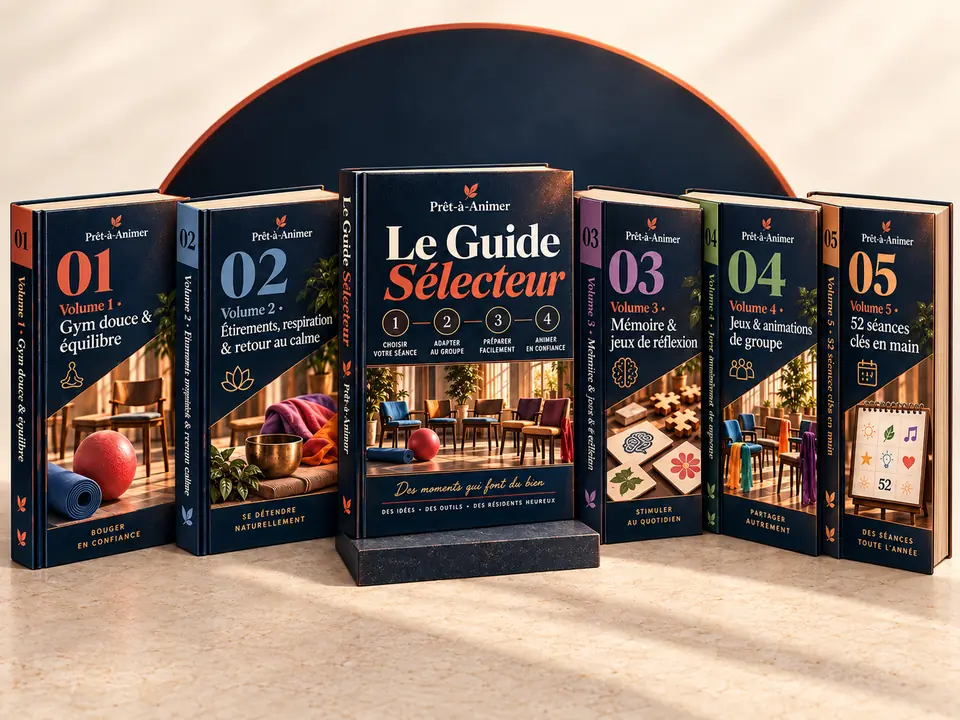 Les couvertures du Guide Sélecteur et des 5 volumes Prêt-à-Animer, chacune avec sa couleur d'objectif